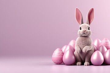 Cute Easter bunny with painted eggs and copy space background. Concept and idea of happy Easter day.
