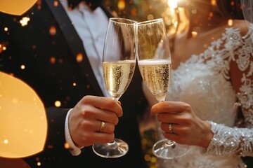 Close-up shot couple bride and groom toasting champagne glasses