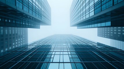 Upward perspective of modern glass skyscrapers in a foggy setting. abstract urban architecture, blue tones. AI