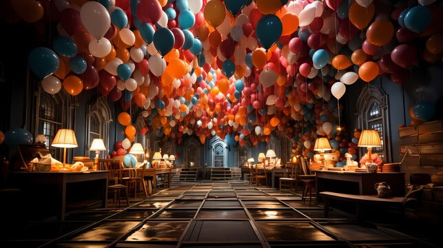 A top-down view of a room decorated with floating birthday balloons, arranged in a cascading pattern, forming an enchanting ceiling adorned with a sea of colors