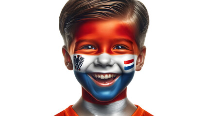 child boy soccer fun portrait with painted face of dutch flag isolated on transparent background - obrazy, fototapety, plakaty