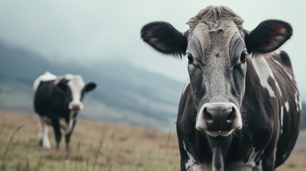 Obraz na płótnie Canvas Black and white dairy cows grazing on the farm.