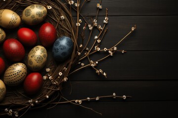 Easter festive composition with painted Easter eggs and decorations