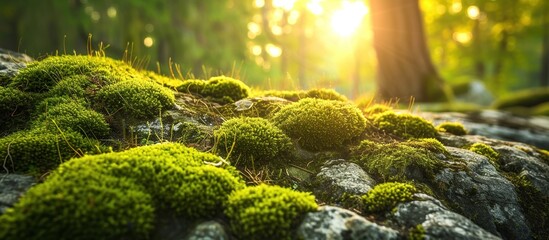 Close-up shot of green moss covering stone in forest with sunlight in the morning through big tree - obrazy, fototapety, plakaty
