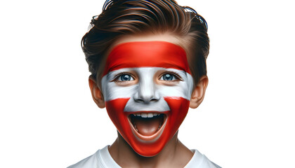 child boy soccer fun portrait with painted face of austrian flag isolated on transparent background - obrazy, fototapety, plakaty