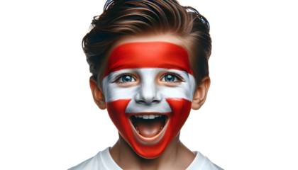child boy soccer fun portrait with painted face of austrian flag isolated on transparent background