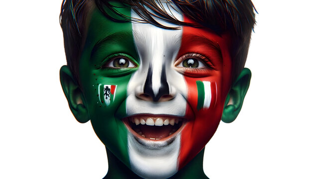 child boy soccer fun portrait with painted face of italian flag isolated on transparent background