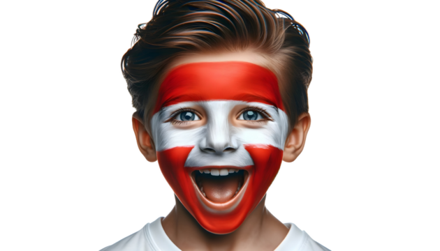 child boy soccer fun portrait with painted face of austrian flag isolated on transparent background
