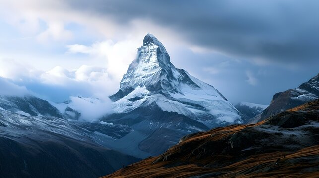 Majestic Snow-capped Mountain Peak With Clouds In A Dramatic Sky. Nature Landscape For Outdoor Enthusiasts And Travel Themes. AI