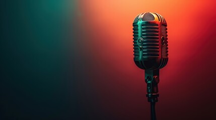 Close-Up vintage microphone in the dark background. Copy space for add text.