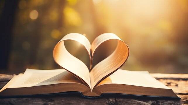 Two sheets from a book folded into heart shape. Vintage photo style with bokeh background