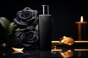 Obraz na płótnie Canvas A cosmetic bottle product for skin care black mockup. rose natural cosmetics. AI