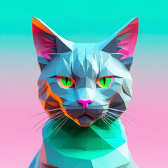 Grey cat's head on multicolored background.