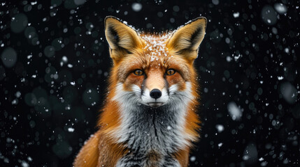 Obraz premium Portrait of a fox on a black background with falling snow. 