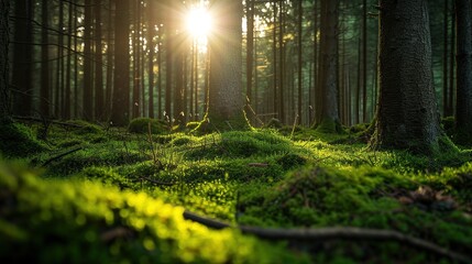 Landscape green mossy forest with beautiful light from the sun shining between the trees