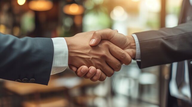 Businessmen shake hands after agreeing on a partnership. Business background.