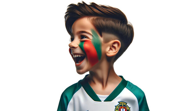 child boy soccer fun profile with painted face of portuguese flag isolated on transparent background