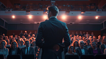 Rear view of motivational speaker standing on stage in front of audience in conference or business event
