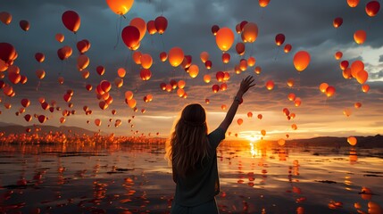 A visually striking image of a person releasing a bunch of balloons, their vibrant colors contrasting against a picturesque sunset sky, creating a magical moment