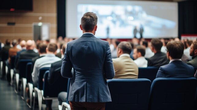 A rear view of the business of people sitting in comfortable chairs and listening to a report on business and entrepreneurship in a large hall. The speaker makes a presentation at a business meeting.