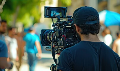 Man using video camera or camcorder while filming. Professional camera close up.