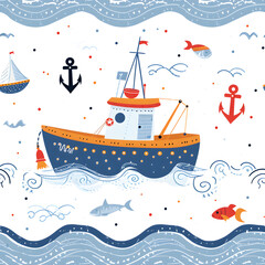 cute seamless pattern with a fishing boat with anchors