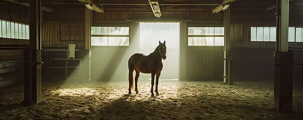 Brown horse inside stable.