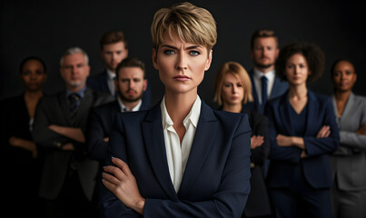Obraz premium Smiling business woman leader standing in office at team meeting, business woman standing in office with work colleagues. Confident woman in formal wear stands at her workplace..