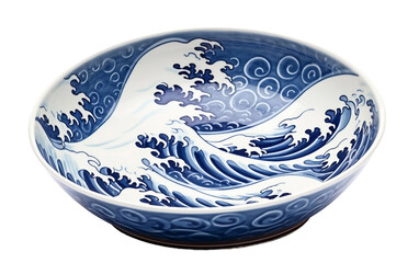 Japanese Wave Pattern Ceramic Plate Isolated on Transparent Background PNG.