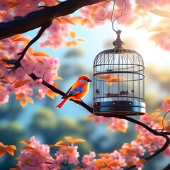  A bird in a cage hanging on a tree branch