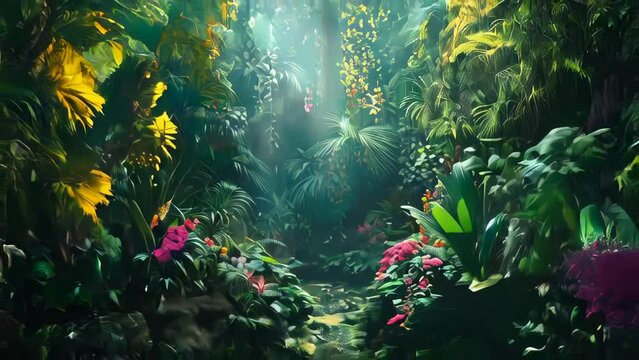 3D render of a fantasy tropical jungle with palm trees and flowers