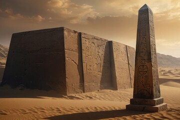 Ancient Ruins and Portal History in the African Desert with Luxor Egyptian Obelisk and Eiffel Tower - obrazy, fototapety, plakaty