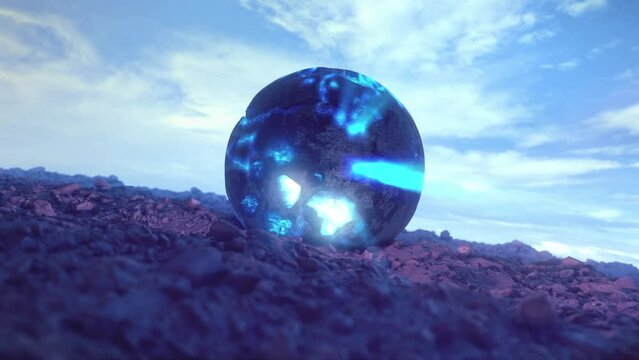 A strange Alien orb object sat in a baron landscape