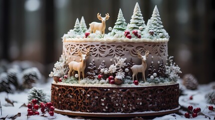 Obraz na płótnie Canvas Close-up shot of an exquisite Christmas cake, featuring lifelike edible pine trees, miniature deer figurines, and a delicate layer of edible snow, all set against a winter forest backdrop