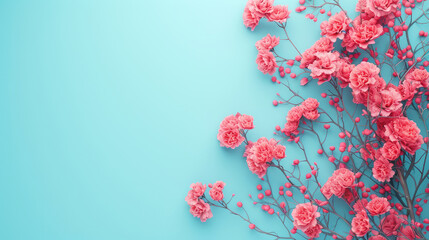 Fototapeta premium Vibrant Pink Blossoms on Branches Against a Pastel Blue Background