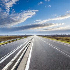 Highway in country.  Empty national road, Blue cloudy sky background