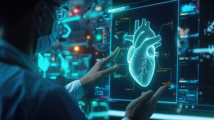The doctor looks at the Heart hologram, checks the test result on the virtual interface, and analyzes the data. Heart disease, myocardial infarction, innovative technologies, medicine of the future 