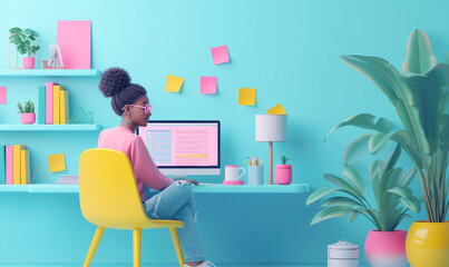 Happy young woman sitting on chair. enjoys studying learning and researching information from computer. pink computer is placed on work desk. cartoon character, 3d,Generative AI