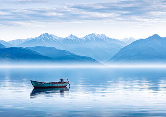 Fishing boat on the lake with mountains in the background