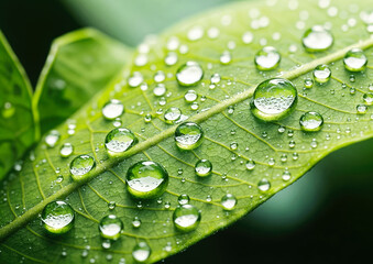 water drops on green leaf macro close up nature background with copy space