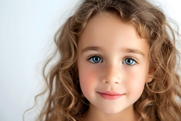 Closeup portrait of beautiful blond hair and blue eyes little girl isolated on white background