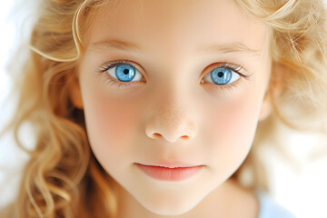 Closeup portrait of beautiful blond hair and blue eyes little girl isolated on white background