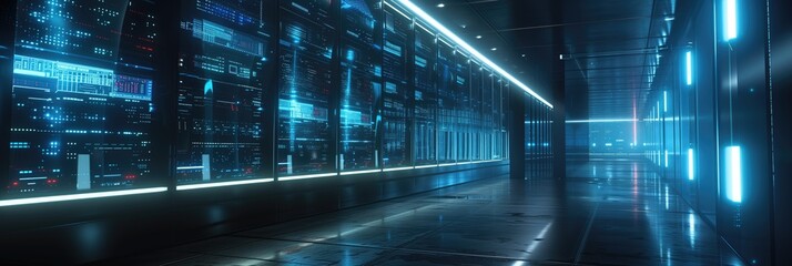 Blue digital technology background with server room data center glowing wall hallway corridor - obrazy, fototapety, plakaty