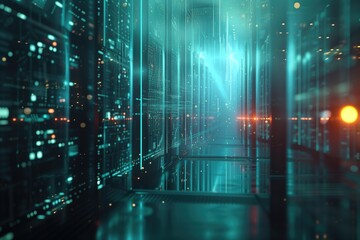 Green misty digital technology background with server room data center glowing wall hallway corridor