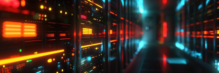 Naklejka premium Orange and yellow misty digital technology background with server room data center glowing wall hallway corridor