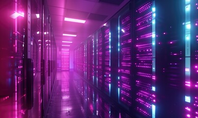 Purple digital technology background with server room data center glowing wall hallway corridor