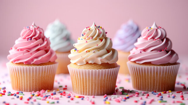 cupcake muffin with cream frosting sprinkles on pink background. Generative AI