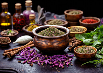 Spices and herbs for cooking on a wooden background Selective focus