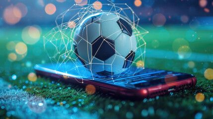 Virtual sports betting on soccer using smartphone, currency and ball  - obrazy, fototapety, plakaty