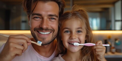 In a bathroom portrait, a happy family practices dental hygiene together, emphasizing the importance of oral care.
